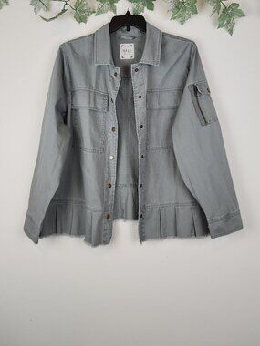 Style & Co Woman Size 3X Long Sleeve Boho Cotton Green Jacket Pockets Pleated